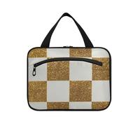 Faux carrés à paillettes en forme de damier blanc et doré à suspendre pour femme avec crochet, sac à médicaments portable pour accessoires de voyage, Porta Cosmeticos Mujer para