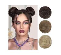 Faux chignon Chignon synthétique Space Bun 2Pcs Mini Claw Clip in Messy Cat Ears Faux cheveux Donut Updo Postiches for femmes Femmes(Medium Gradient Brown Dark Blonde)