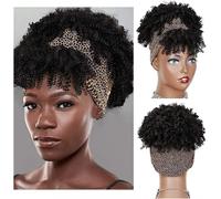 Faux chignon, postiche cheveux, queue de cheval synthétique crépus bouclés chignon avec frange courte cordon de serrage extension de queue de cheval for femme afro haute bouffée cheveux synthétiques c