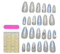 Faux clous bleus, appuyez sur des clous bleu clair | 24 pièces Stick à couverture complète sur les ongles,Autocollants de manucure de pointe française, doigt artificiel fait maison pour les fêtes de v