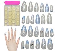 Faux clous bleus, appuyez sur des clous bleu clair - Presse conçue en 3D sur 24 pièces sur les clous,Pignons artificiels faits maison avec astuce française, femmes Hand Beauty for Women Girls