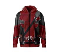 Faux costume unisexe super héros dessin animé Halloween 2 pièces rouge et noir avec détails de ceinture fermeture éclair sweat à capuche, rouge, XL
