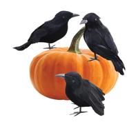 Faux Crows - Realistic Artificial Ravens, Spooky Halloween Haunted | Set Of 3 Crows | Easy Assembly Flying Crow Body | Flocking Cloth Realistic Artificial Fake Raven Decor For Porch, Yard, Table