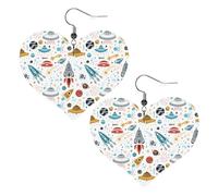 Faux Cuir Cœur Boucle D'oreille Mode Cœur Boucles D'oreilles Mignon Dessin Animé Fusées Imprimer Dangle Drop Boucles D'oreilles