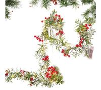 Faux Garland - Battery Operated Vine with Berries, Led Fairy Leaves Lights, Realistic Decorative Design, Indoor Outdoor String Lights, Christmas Red Fruit Light String for Stairs Mantle Fireplace