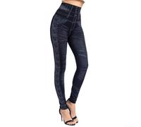 Faux jegging taille haute pour femme, legging push-up sans couture avec imprimé imitation jean, pantalon crayon extensible pour le bureau et la salle de sport (noir)