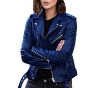Faux Leather Jacket Femme Courte Blouson Simili Cuir Biker Motard Veste Cintrée Imitation Cuir Oversize Col Montant PU Grande Taille Bleu XXL