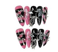 Faux Ongles 10 morceaux de longues gouttes d'eau pointe d'amande ongles rayés à la main paillettes d'art d'ongle fines(Color-1-XS)