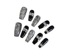 Faux Ongles 10 pièces d'ongles en forme de main, beaux faux ongles, nail art décoratif à rayures noires argentées d'halloween, adaptés aux femmes(Color-1-M)