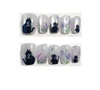 Faux Ongles 10 pièces mignon chat noir parfum fleur douce à la main presse sur ongles tête carrée Patch tranches for les yeux faux Art(Color-1-M)