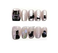 Faux Ongles 10 pièces mignon chat noir parfum fleur douce à la main presse sur ongles tête carrée Patch tranches for les yeux faux Art(Color-2-XS)