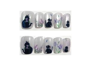 Faux Ongles 10 pièces mignon chat noir parfum fleur douce à la main presse sur ongles tête carrée Patch tranches for les yeux faux Art(Color-1-M)