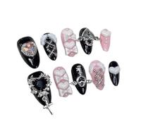 Faux Ongles 10 pièces presse à la main sur les ongles noir rose doux Cool Nail Art arc amour diamant amande faux(M)