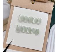 Faux Ongles 10Pcs Short Handmade Light Green Press On Nails Cat Eyes Pure Ballerina Decoration Wearable False Nails Full Cover Nail Tips Art(1-S)