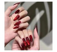Faux Ongles 24 faux ongles détachables couleur vin rouge œil de chat, avec colle, couverture complète, forme carrée amande brillante, à presser(Color22)