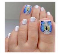 Faux Ongles 24P Fake Toenails With Glue French Line Glitter False Toe Nails Art Detachable Press On Toenails Acrylic Butterfly ToeNails Tips(Color5)