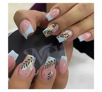 Faux Ongles 24Pcs Fashion Fake Nails Press on Short Square Head False Nail Art Green Leopard Print Design Artifical Full Cover Nail Tips(Color37)
