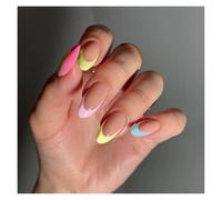 Faux Ongles 24Pcs Glitter French Fake Nails Oval Shape Press on Nails Short White French Almond False Nails Wearable Full Cover Nail Tips(Color11)