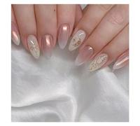 Faux Ongles 24Pcs Glitter French Fake Nails Oval Shape Press on Nails Short White French Almond False Nails Wearable Full Cover Nail Tips(Color13)