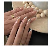 Faux Ongles 24Pcs Glitter French Fake Nails Oval Shape Press on Nails Short White French Almond False Nails Wearable Full Cover Nail Tips(Color-5)