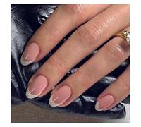 Faux Ongles 24Pcs Glitter French Fake Nails Oval Shape Press on Nails Short White French Almond False Nails Wearable Full Cover Nail Tips(Color-9)