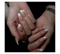 Faux Ongles 24Pcs Glitter French Fake Nails Oval Shape Press on Nails Short White French Almond False Nails Wearable Full Cover Nail Tips(Color10)
