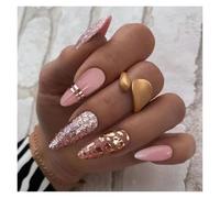 Faux Ongles 24Pcs Mid-length False Nails with Almond Head Design Brown Gold Lines Fake Nails Oval Wearable French Press on Nail Tips(Color6)
