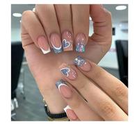 Faux Ongles 24Pcs Nude White French Fake Nail Short Square Nail Tips Fashion Wearable False Nails with Glue Simple Full Cover Press on Nails(Color7)
