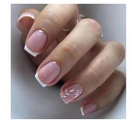 Faux Ongles 24Pcs Nude White French Fake Nail Short Square Nail Tips Fashion Wearable False Nails with Glue Simple Full Cover Press on Nails(Color8)
