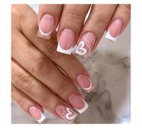 Faux Ongles 24Pcs Nude White French Fake Nail Short Square Nail Tips Fashion Wearable False Nails with Glue Simple Full Cover Press on Nails(Color6)