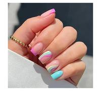 Faux Ongles 24Pcs Nude White French Fake Nail Short Square Nail Tips Fashion Wearable False Nails with Glue Simple Full Cover Press on Nails(Color2)