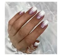 Faux Ongles 24pcs Short Round False Nails French Blue Sparkling Pearl White Wavy Love Heart Full Cover Detachable Press On Nail Tips(Color12)