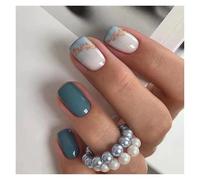 Faux Ongles 24pcs Short Round False Nails French Blue Sparkling Pearl White Wavy Love Heart Full Cover Detachable Press On Nail Tips(Color26)