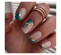 Faux Ongles 24pcs Short Round False Nails French Blue Sparkling Pearl White Wavy Love Heart Full Cover Detachable Press On Nail Tips(Color11)