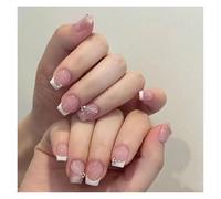 Faux Ongles 24pcs Short Round False Nails French Blue Sparkling Pearl White Wavy Love Heart Full Cover Detachable Press On Nail Tips(Color3)