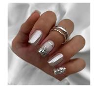 Faux Ongles 24pcs Short Round False Nails French Blue Sparkling Pearl White Wavy Love Heart Full Cover Detachable Press On Nail Tips(Color32)