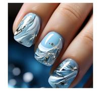 Faux Ongles 24pcs Short Round False Nails French Blue Sparkling Pearl White Wavy Love Heart Full Cover Detachable Press On Nail Tips(Color4)