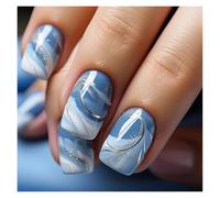 Faux Ongles 24pcs Short Round False Nails French Blue Sparkling Pearl White Wavy Love Heart Full Cover Detachable Press On Nail Tips(Color22)