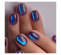 Faux Ongles 24pcs Short Round False Nails French Blue Sparkling Pearl White Wavy Love Heart Full Cover Detachable Press On Nail Tips(Color10)