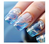 Faux Ongles 24pcs Short Round False Nails French Blue Sparkling Pearl White Wavy Love Heart Full Cover Detachable Press On Nail Tips(Color9)