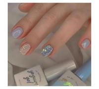 Faux Ongles 24pcs Short Round False Nails French Blue Sparkling Pearl White Wavy Love Heart Full Cover Detachable Press On Nail Tips(Color1)