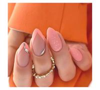 Faux Ongles 24Pcs Short Round Head False Nails Glitter Pink Almond Fake Nails French Full Cover Press on Nails Wearable Nail Tips Manicure(Color7)