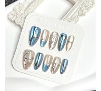 Faux Ongles 30 Pièces Court MouyouGlow,Amande Bleu French 3D Argent Striped Chrome Design Cat Eye Magnetic Y2K Press on Nails avec Colle à Ongles,Blue Tips Silver Wavy Phototherapy Fake Nails