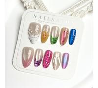Faux Ongles 30 Pièces Court MouyouGlow,Amande Coloré French 3D Fleurs Florales Design Cat Eye Magnetic Y2K Press on Nails avec Colle à Ongles,Multiple Color Eté Phototherapy Fake Nails