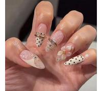 Faux ongles 3D en dentelle florale à pois blancs laiteux élégants à presser sur les ongles pour femme, fête, mariage, usage quotidien