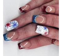 Faux ongles 4 juillet - Conseils français à presser - Faux ongles carrés pour le jour de l'indépendance artificielle