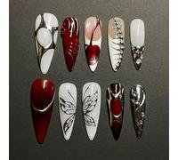 Faux Ongles à Coller - 24 Pièces, Ailes de Papillon Métallisées et Motifs Asymétriques, Style INS Européen, Avec Colle, Amovibles