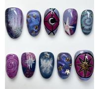 Faux Ongles à Coller - 24 Pièces, Design Bleu en Relief Inspiré de l’Espace, Style INS Européen, Avec Colle, Amovibles