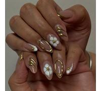 Faux Ongles à Coller - 24 Pièces, Design Français en Relief avec Lys Doré, Style Rétro Doux, Forme Amande Moyenne, Polyvalents Européens, Avec Colle, Amovibles
