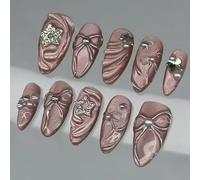 Faux Ongles à Coller - 24 Pièces, Effet Œil de Chat Brillant avec Strass, Nœud Papillon et Étoiles, Style Flashy INS Européen, Avec Colle, Amovibles